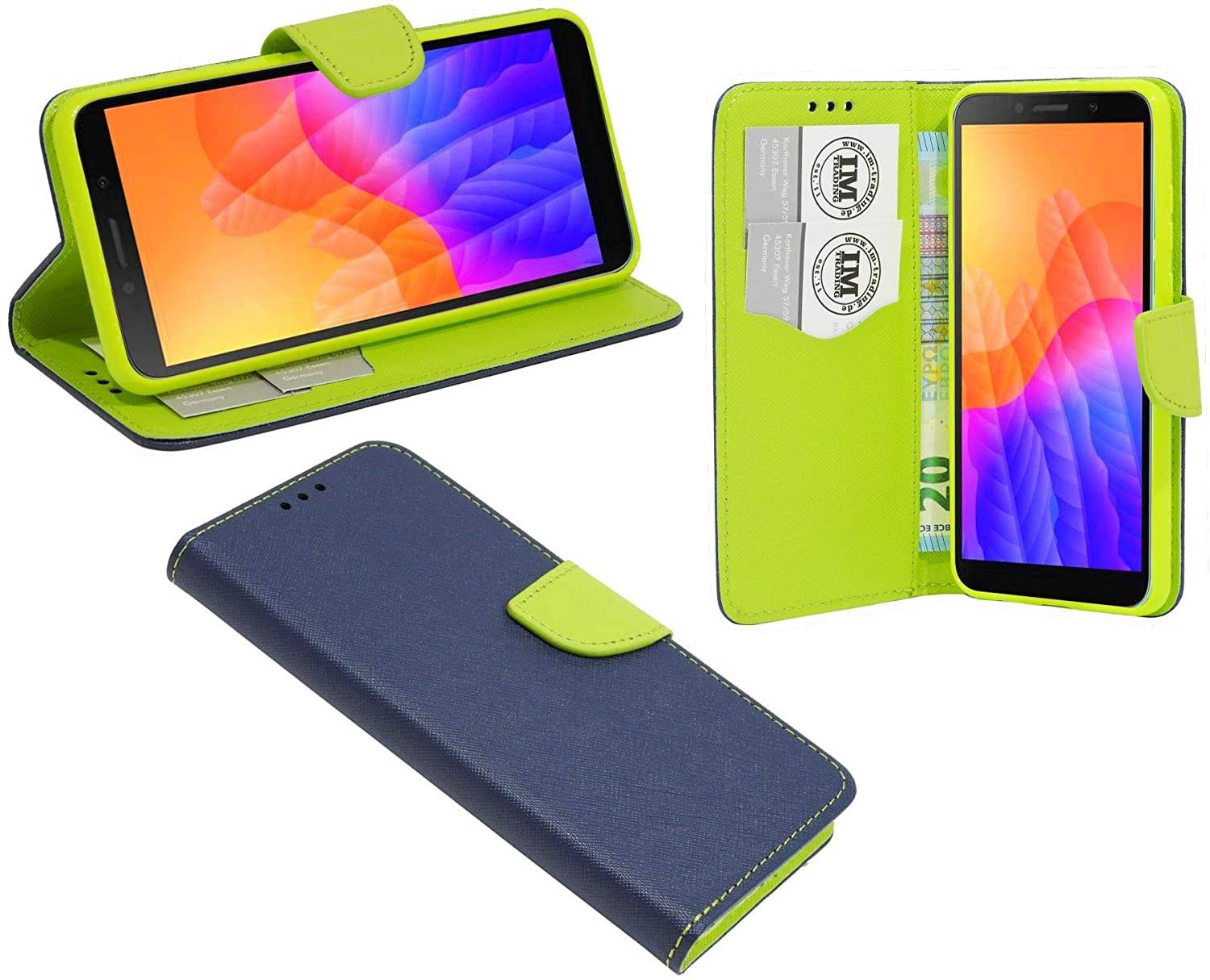 Buch Tasche "Fancy" kompatibel mit Huawei Y5P Handy Hülle Etui Brieftasche Schutzhülle mit Standfunktion, Kartenfach Blau-Grün