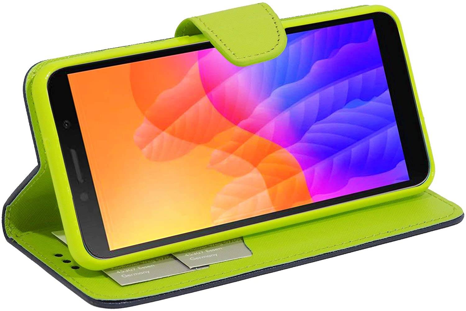 Buch Tasche "Fancy" kompatibel mit Huawei Y5P Handy Hülle Etui Brieftasche Schutzhülle mit Standfunktion, Kartenfach Blau-Grün