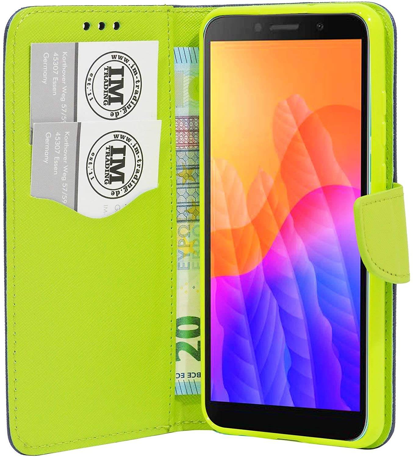Buch Tasche "Fancy" kompatibel mit Huawei Y5P Handy Hülle Etui Brieftasche Schutzhülle mit Standfunktion, Kartenfach Blau-Grün