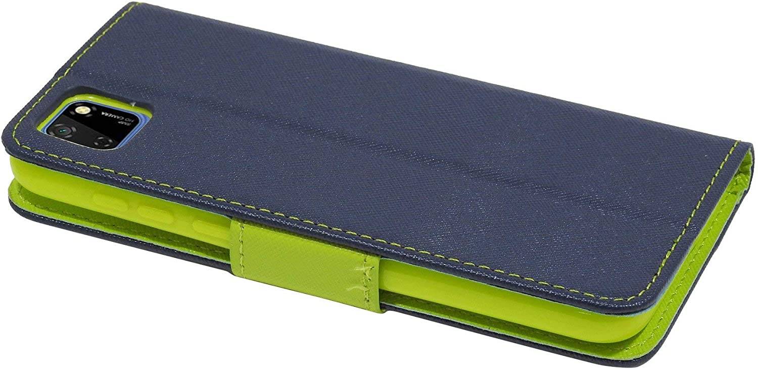 Buch Tasche "Fancy" kompatibel mit Huawei Y5P Handy Hülle Etui Brieftasche Schutzhülle mit Standfunktion, Kartenfach Blau-Grün