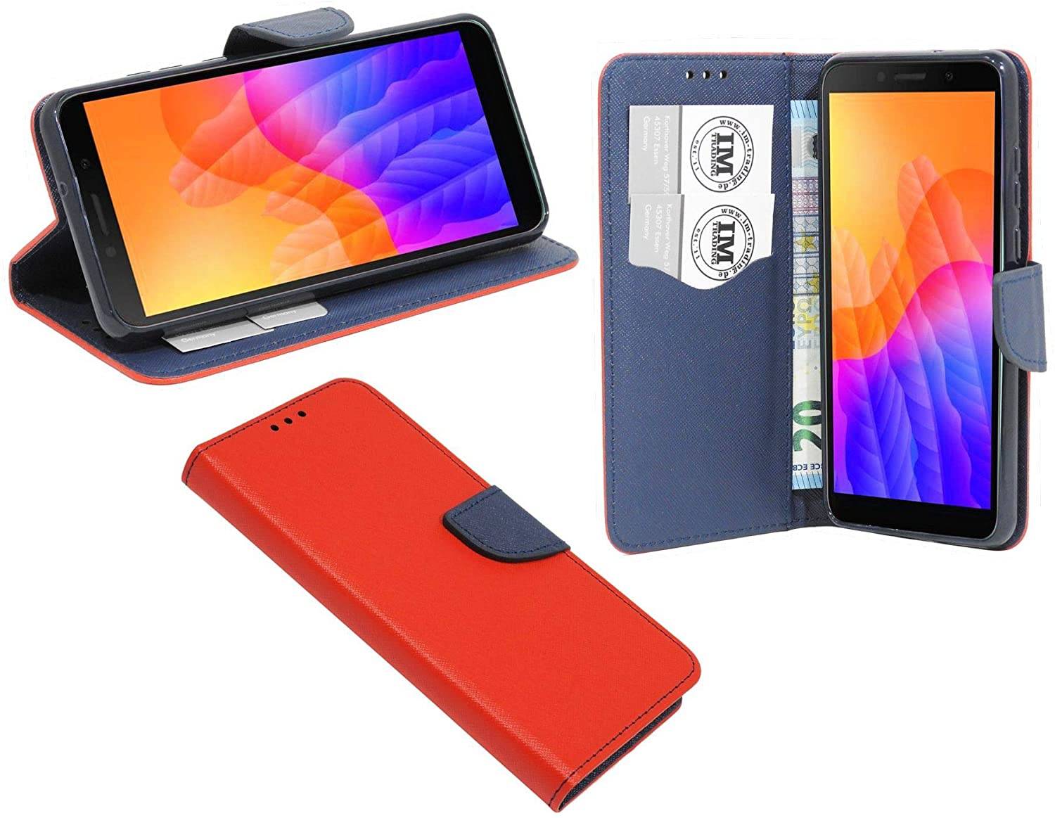 Buch Tasche "Fancy" kompatibel mit Huawei Y5P Handy Hülle Etui Brieftasche Schutzhülle mit Standfunktion, Kartenfach Rot-Blau