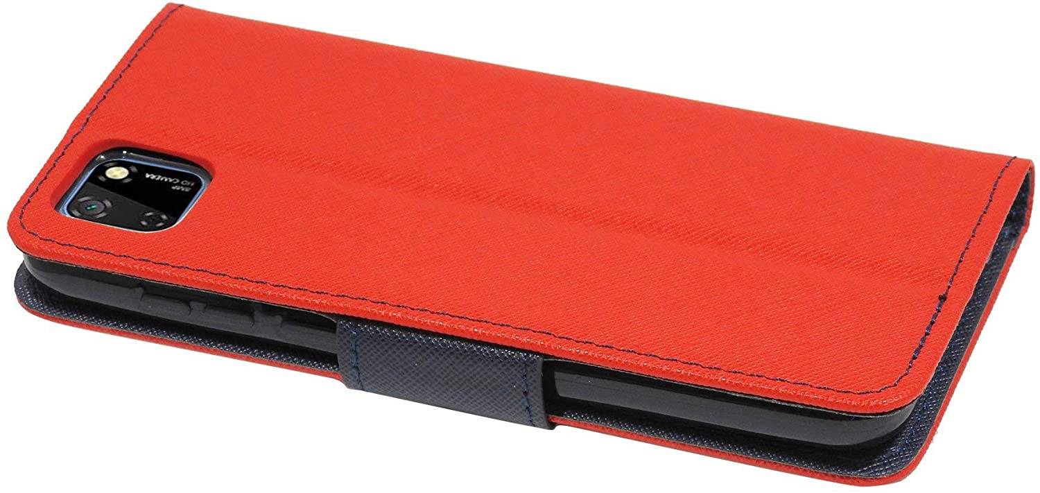 Buch Tasche "Fancy" kompatibel mit Huawei Y5P Handy Hülle Etui Brieftasche Schutzhülle mit Standfunktion, Kartenfach Rot-Blau