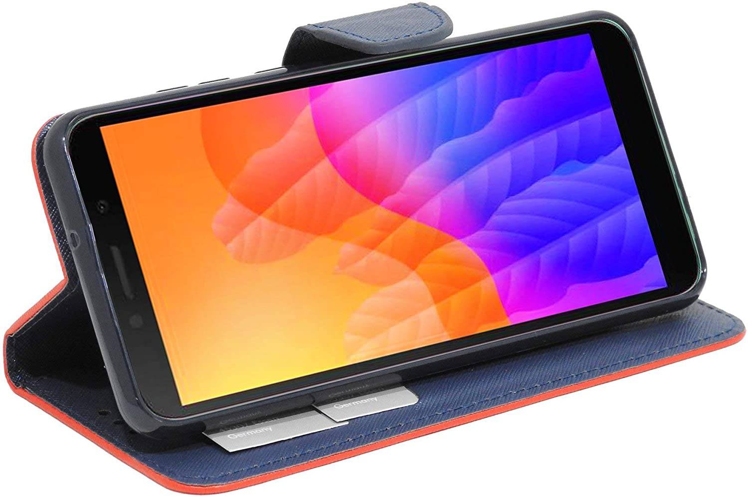 Buch Tasche "Fancy" kompatibel mit Huawei Y5P Handy Hülle Etui Brieftasche Schutzhülle mit Standfunktion, Kartenfach Rot-Blau