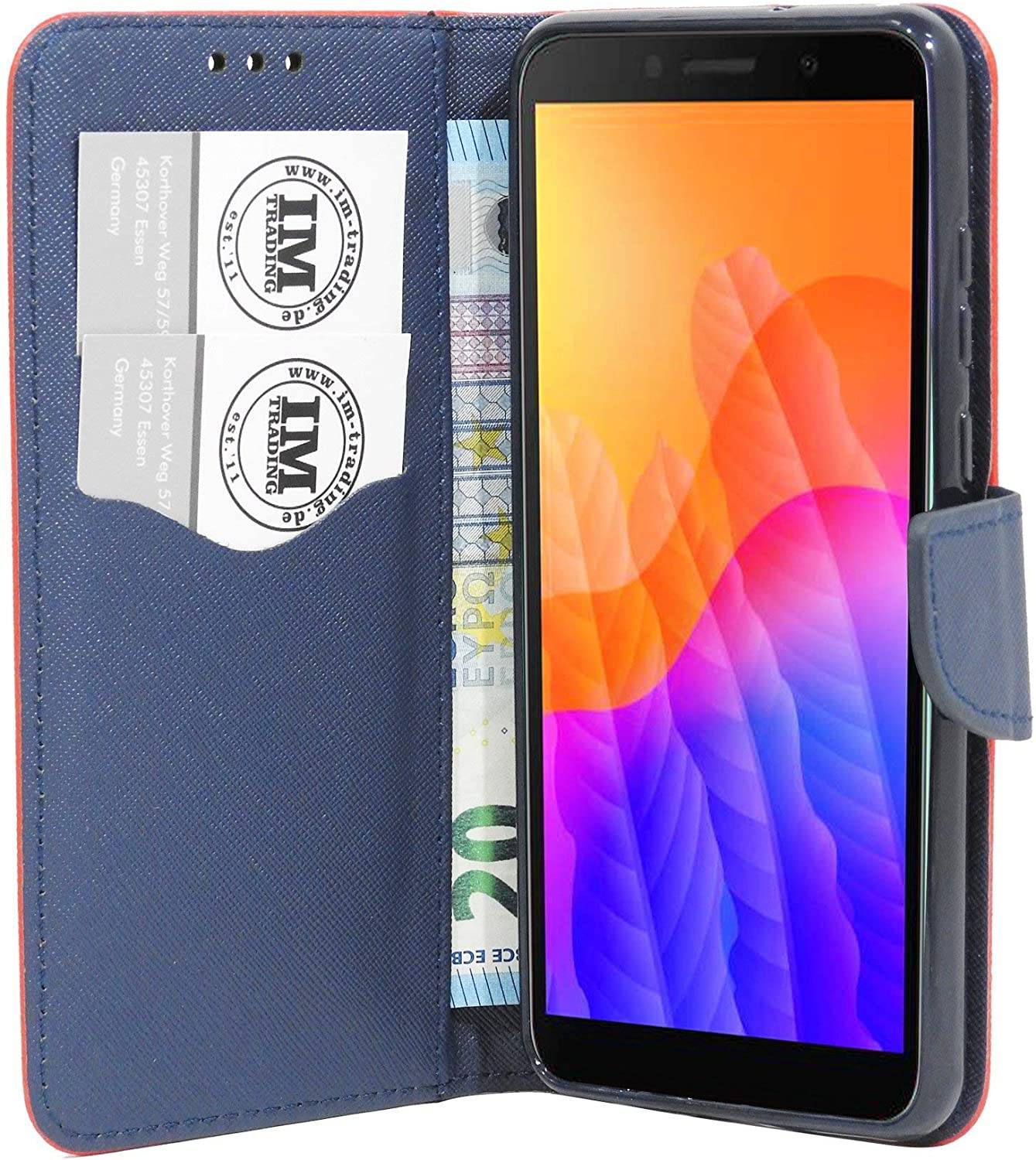 Buch Tasche "Fancy" kompatibel mit Huawei Y5P Handy Hülle Etui Brieftasche Schutzhülle mit Standfunktion, Kartenfach Rot-Blau