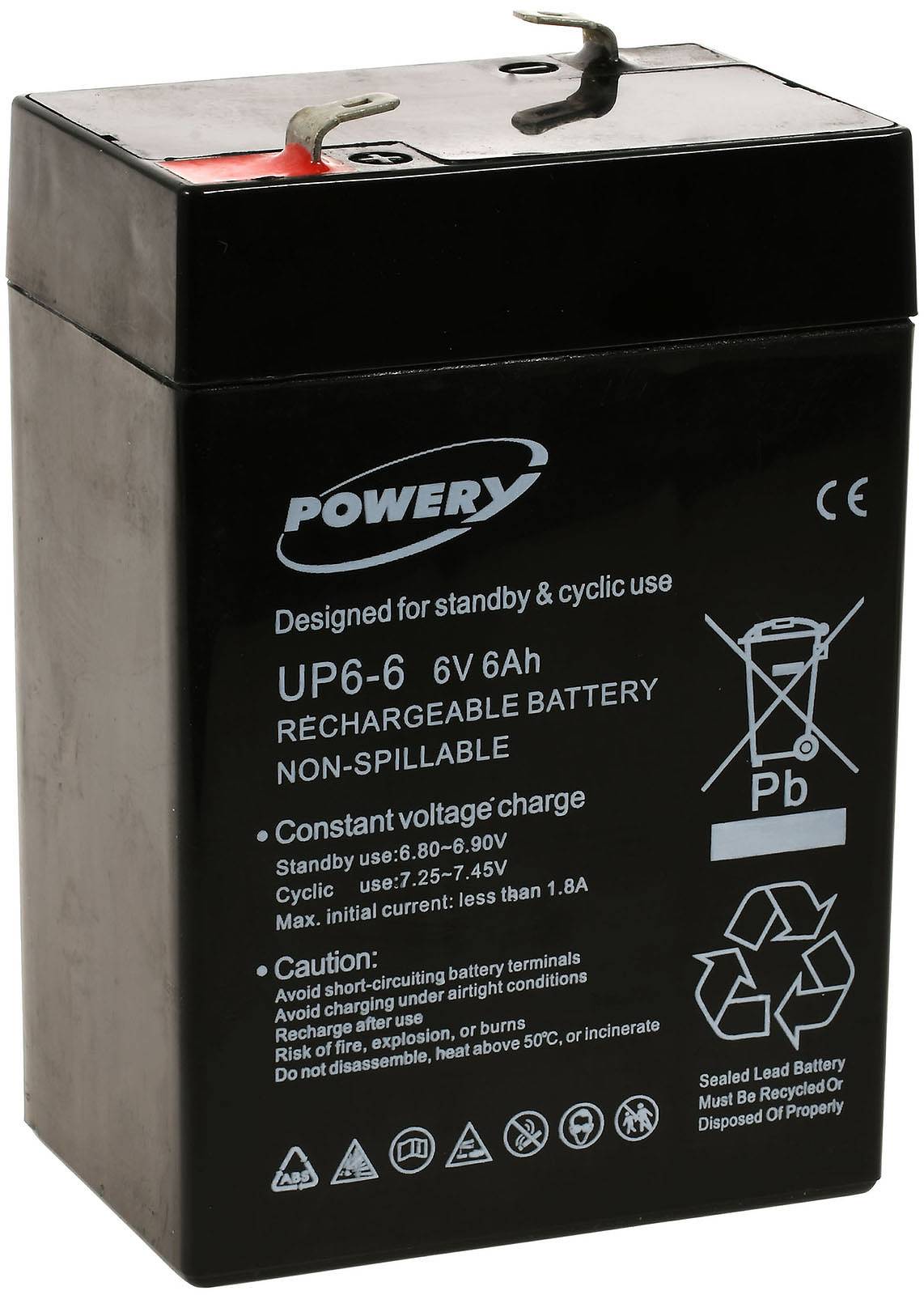 Powery Blei-Gel Akku 6V 6Ah ersetzt Panasonic Typ LC-R064R5P, 6V, Lead-Acid