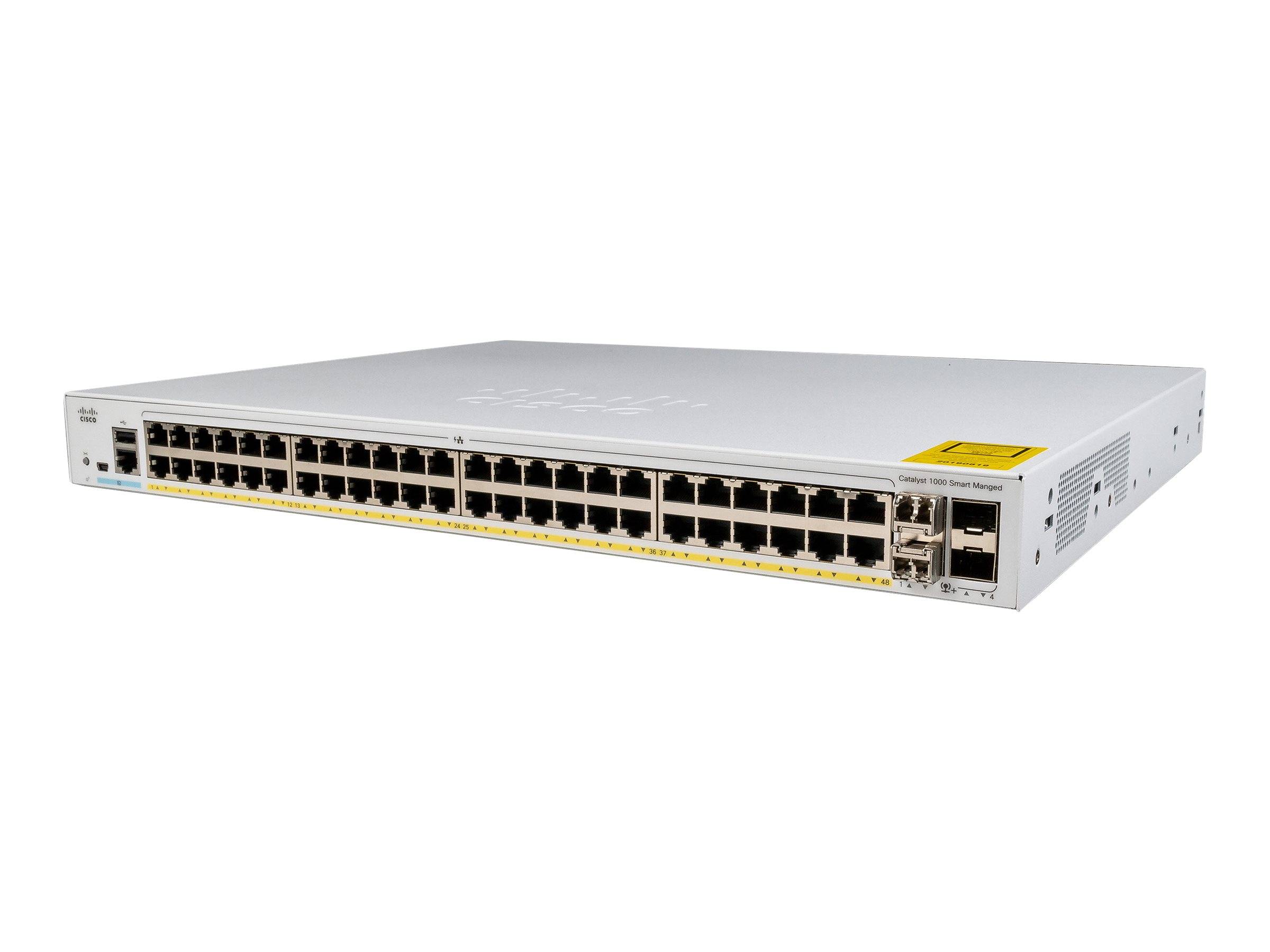 Vorderansicht eines 48-Port-Ethernet-Netzwerk-Switches mit zwei gestapelten Uplink-Ports auf der rechten Seite, dargestellt auf weißem Hintergrund.