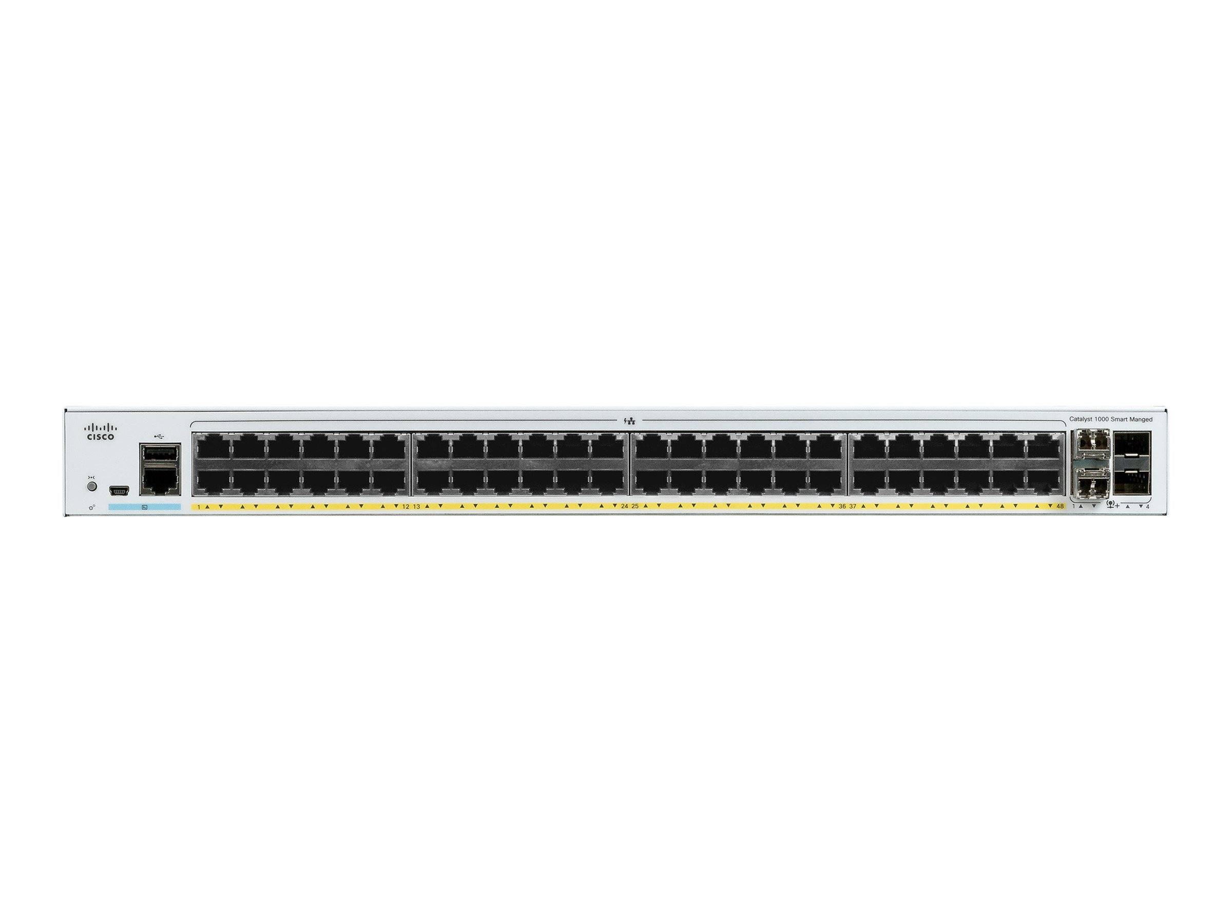 Frontansicht eines Cisco-Netzwerk-Switches mit 24 Ethernet-Ports und 4 Uplink-Ports auf weißem Hintergrund
