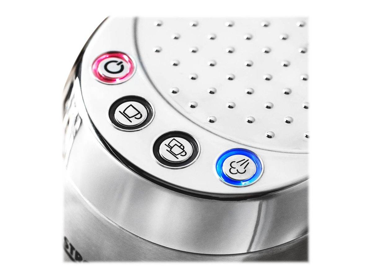 Nahaufnahme eines Edelstahl-Kaffeemaschinen-Bedienfelds mit drei Tasten: Ein Netzschalter (rot), eine Tassenikon (schwarz) und eine Dampfikon (blau) zur Bedienung.