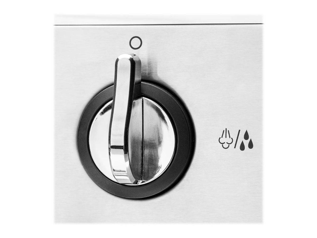 Ein metallischer Kontrollknopf zeigt Dampf und Wassertropfen, was auf eine Funktionalität im Zusammenhang mit Luftfeuchtigkeit oder Dampfsteuerung hindeutet.