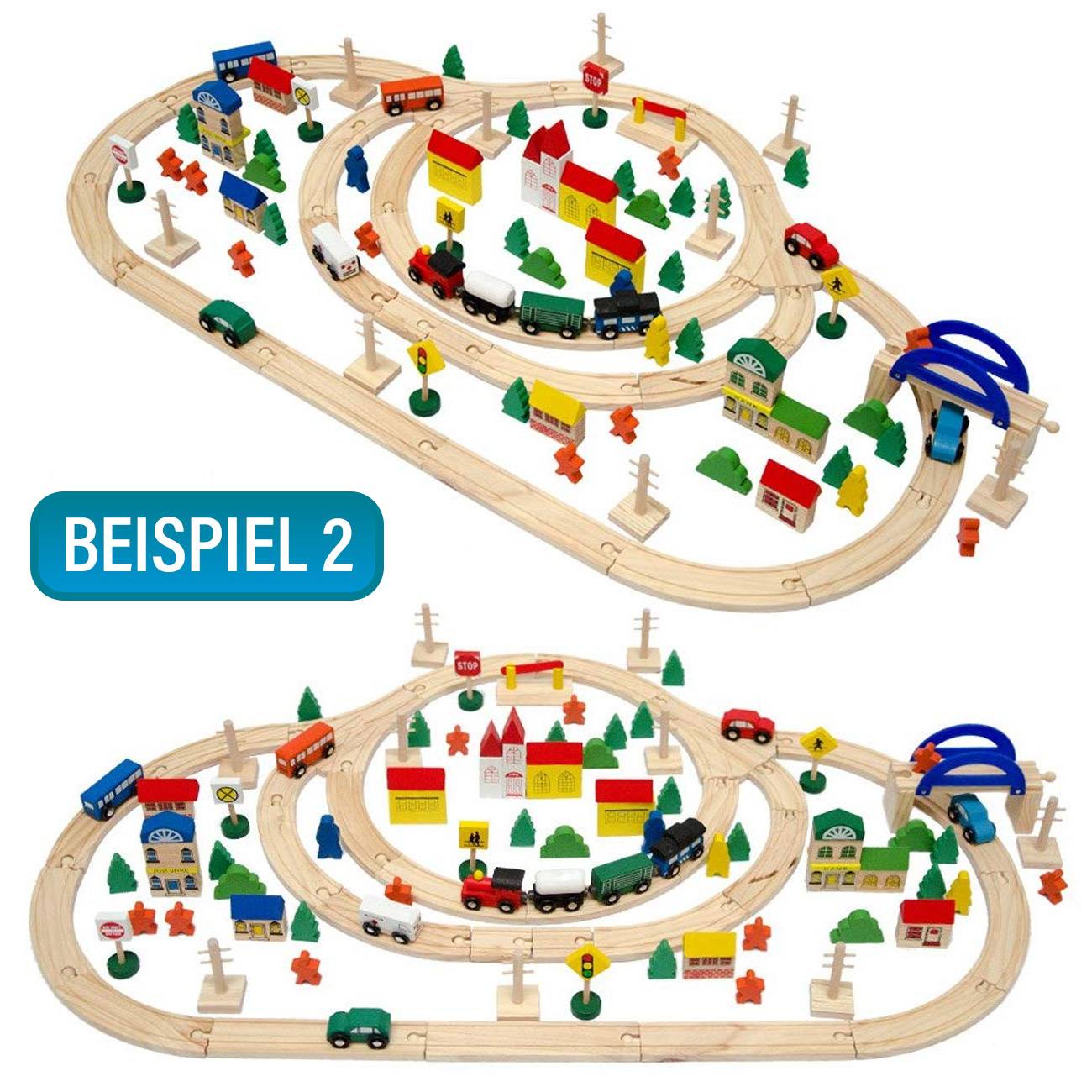 130 Teile XXL Holzeisenbahn Set - 5m Schienen - Holz Eisenbahn Kinder Spielzeug