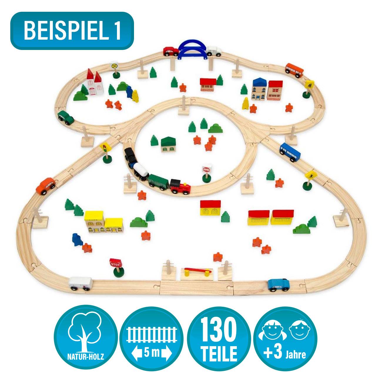 130 Teile XXL Holzeisenbahn Set - 5m Schienen - Holz Eisenbahn Kinder Spielzeug
