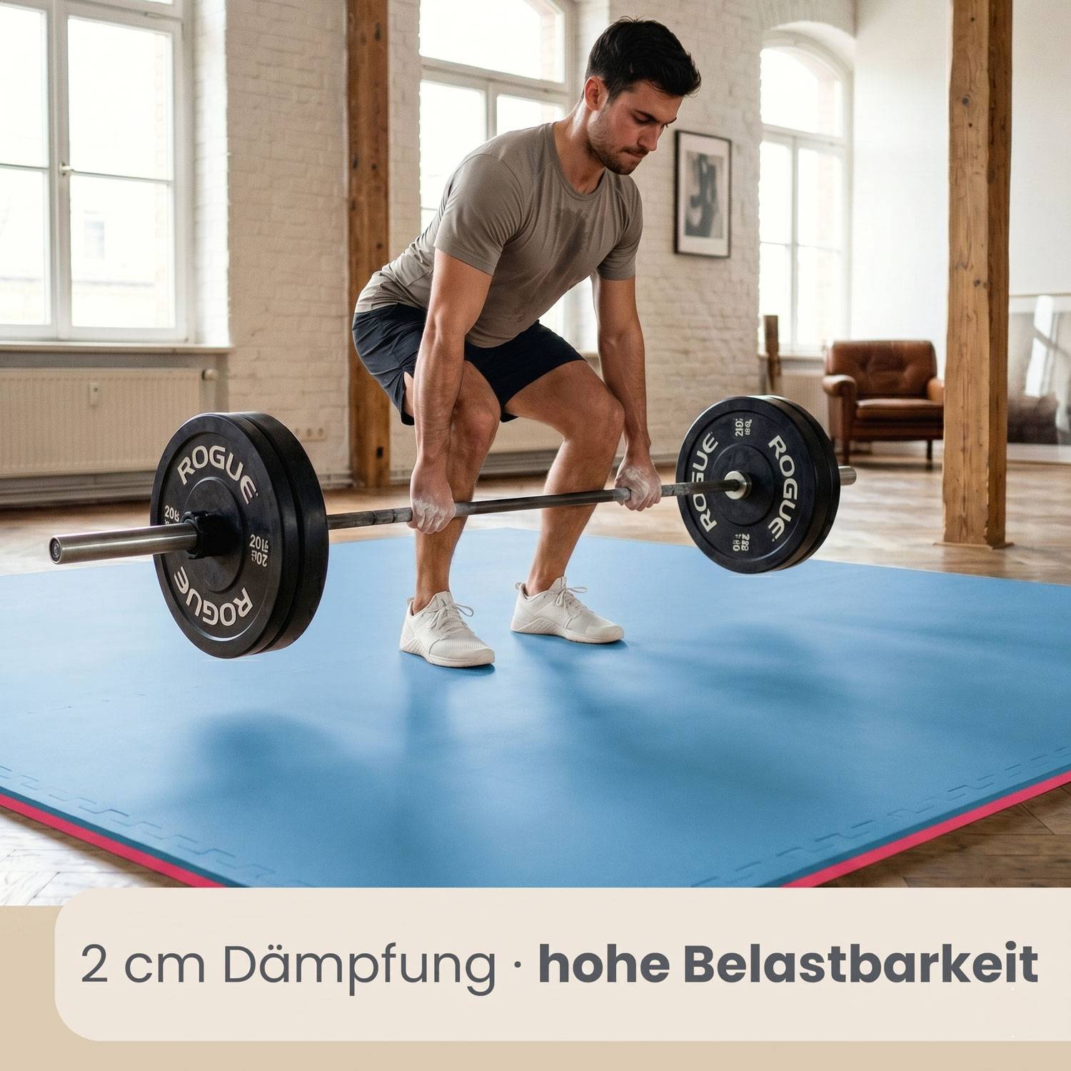 4.8qm Profi Fitnessmatte 2cm - 12er Set 63x63 Bodenschutzmatte für Fitnessgeräte