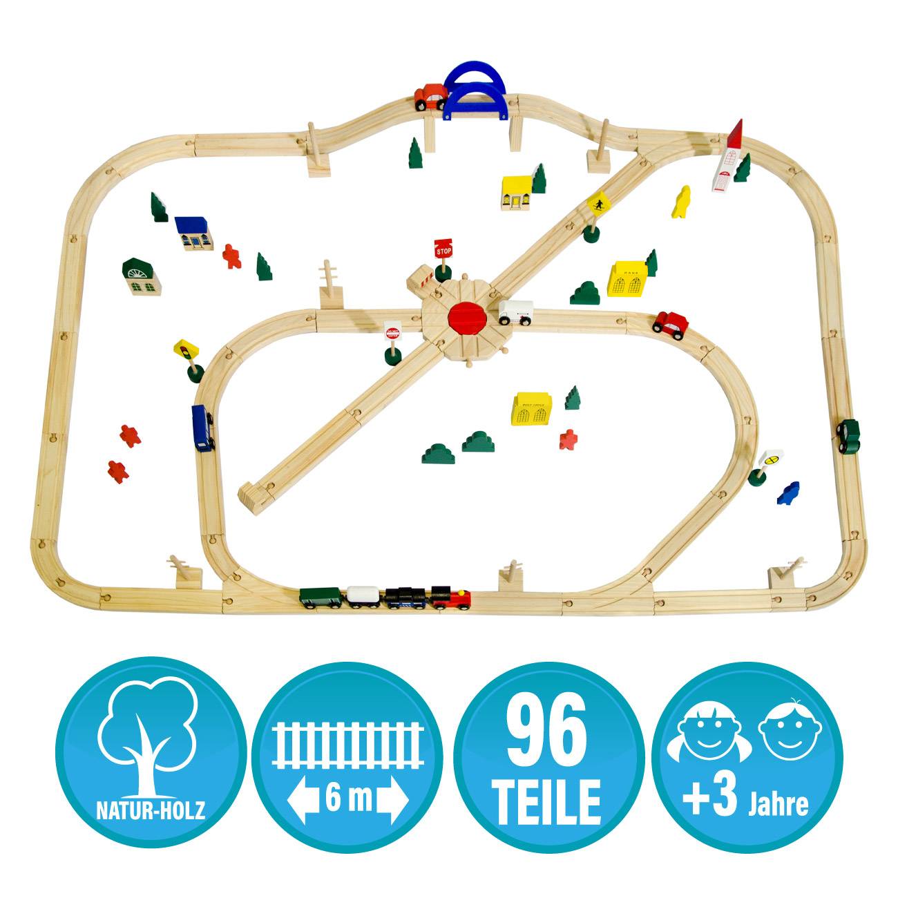 96 Teile XXL Holzeisenbahn Set - 6m Schienen - Holz Eisenbahn Kinder Spielzeug