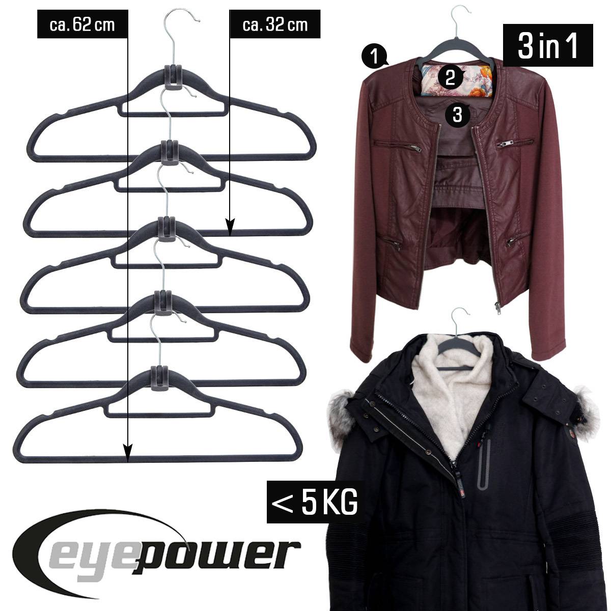 20 Samt Kleiderbügel 10 Haken-Organizer Antirutsch Hemden-Bügel Anzugbügel Grau