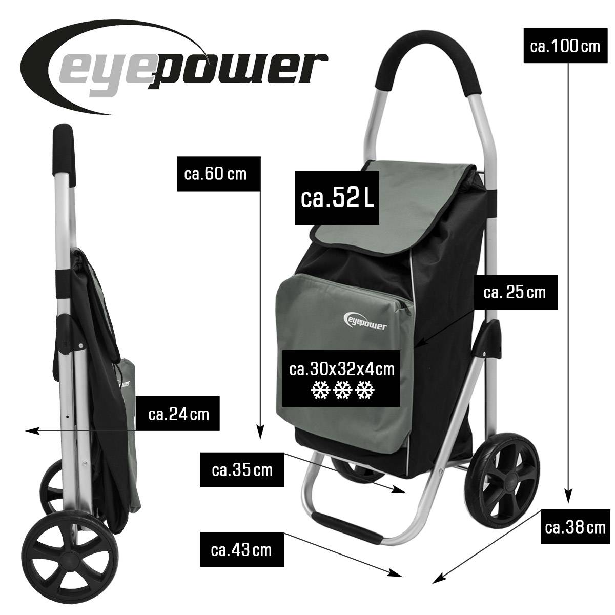 52L Einkaufstrolley Kühlfach Faltbarer Einkaufsroller XL Shopping Trolley Grau