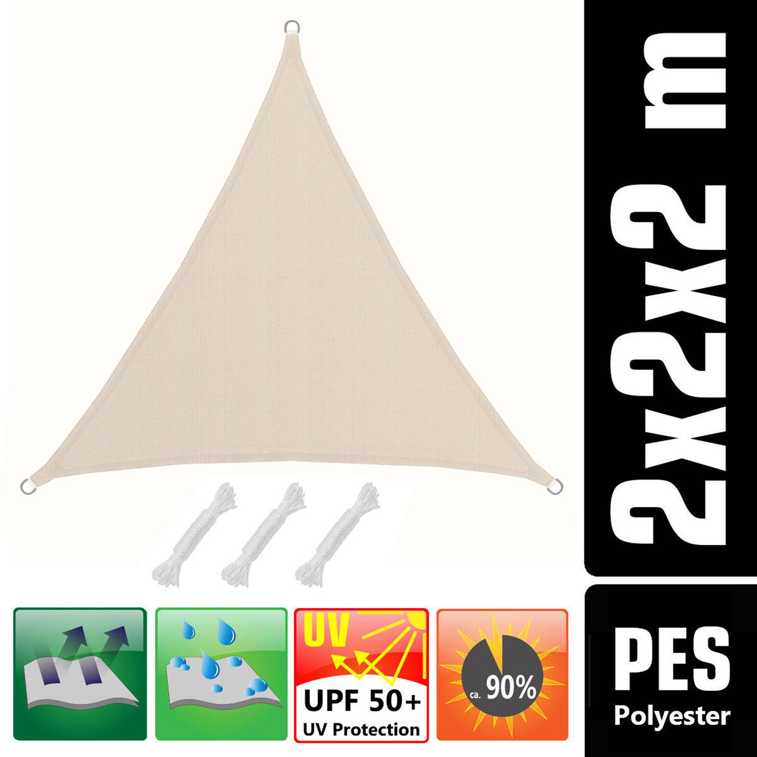 2x2x2 Sonnensegel Dreieckig Wasserdicht - Sonnenschutz Segel Set mit Befestigung