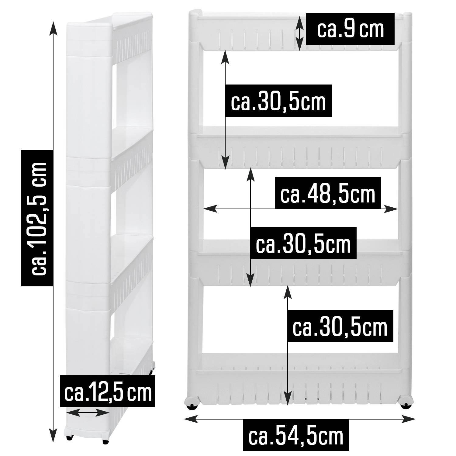 4er Nischenregal 12,5 cm Schiebewagen Nischenwagen Kitchen Trolley Weiß Ablage