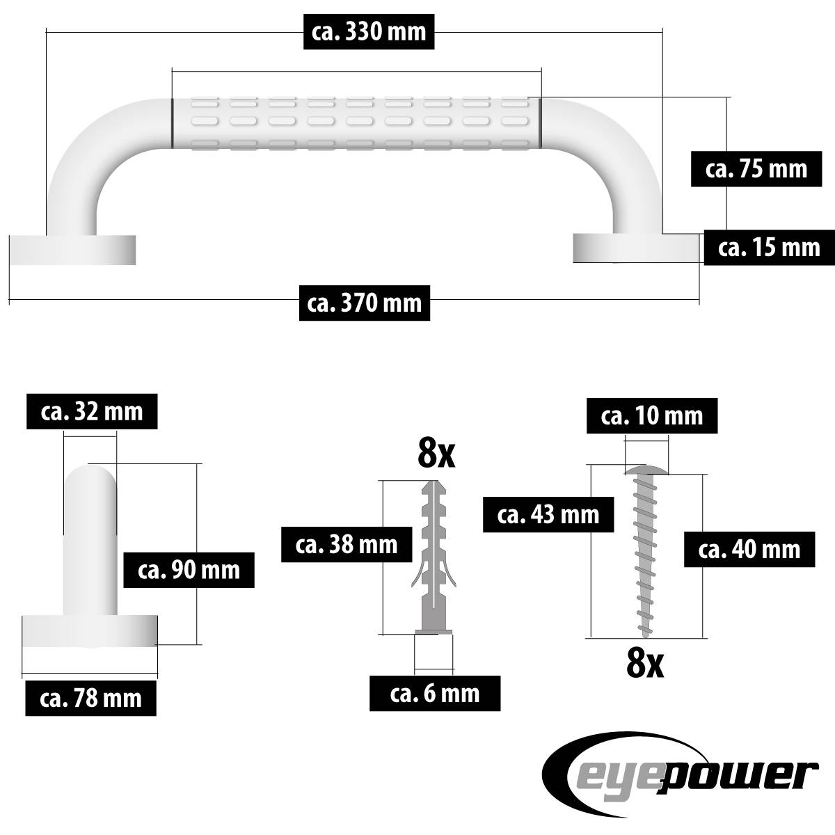 Anti-Rutsch Badewannengriff 30 cm Senioren Griff Bad Haltegriff Edelstahl Weiß