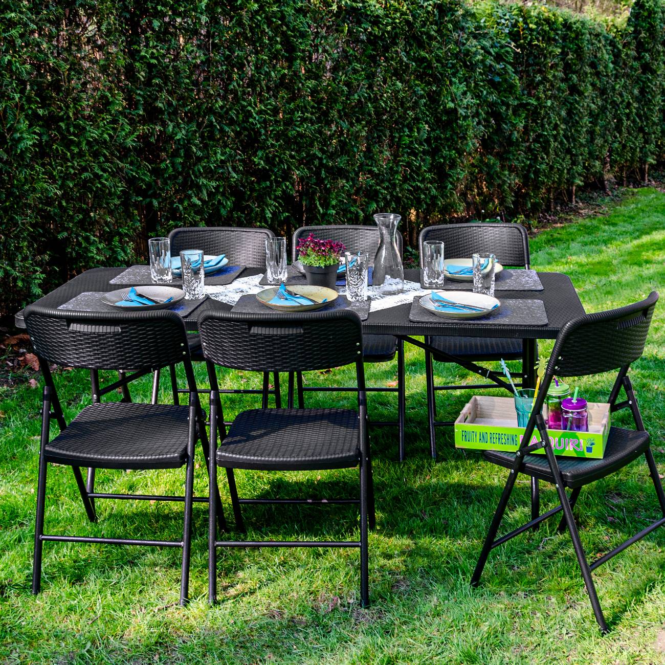 Gartenmöbel Set in Rattan Optik - 180 cm Tisch mit 6 Stühlen Sitzgruppe Klappbar
