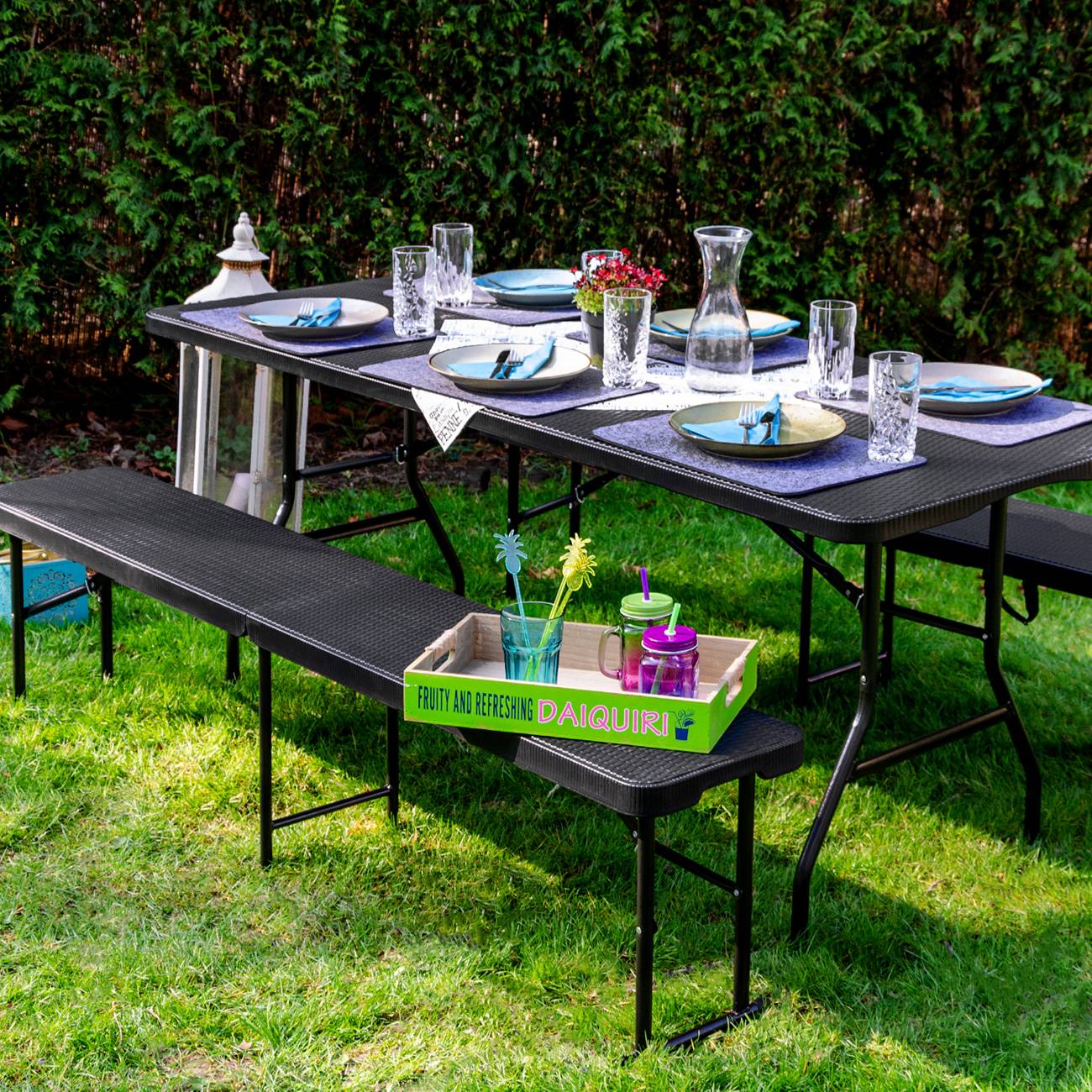 Bierzeltgarnitur für 8 Personen 180cm Esstisch mit 2 Bänken Rattan Look Klappbar