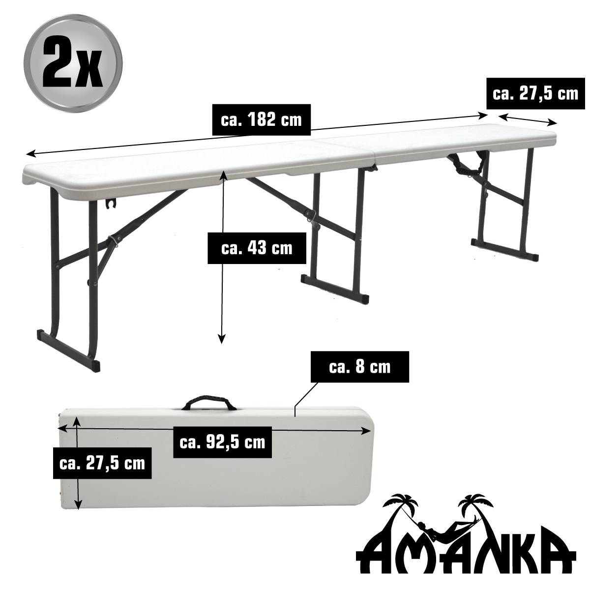 2x Wetterfeste Bierbank - Klappbar 182x27x43 - Kunststoff Sitzbank Klappbank Set