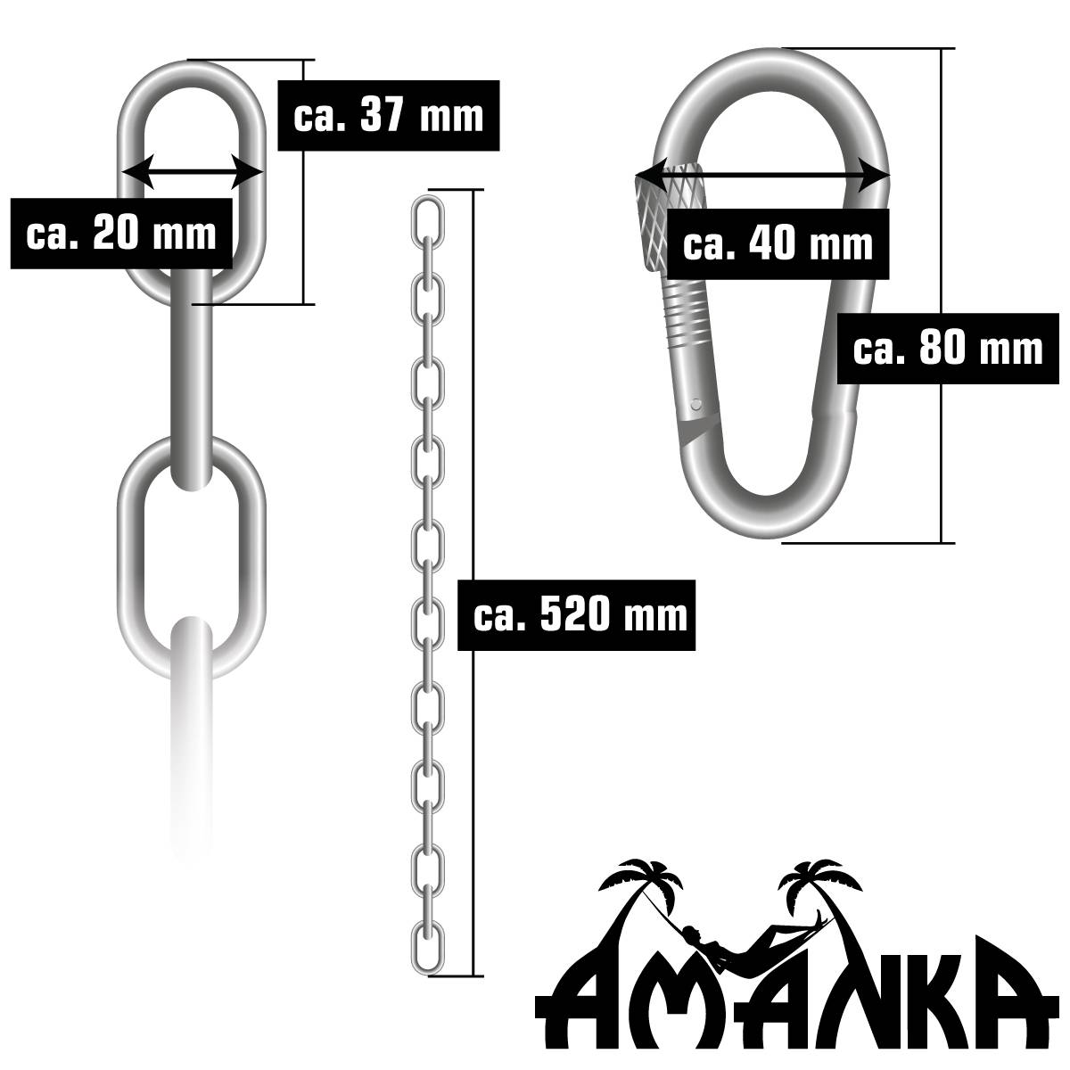 2 x 230kg Hängesessel Kette - 50cm Aufhängung 4 Karabiner - Schaukel Hängematte