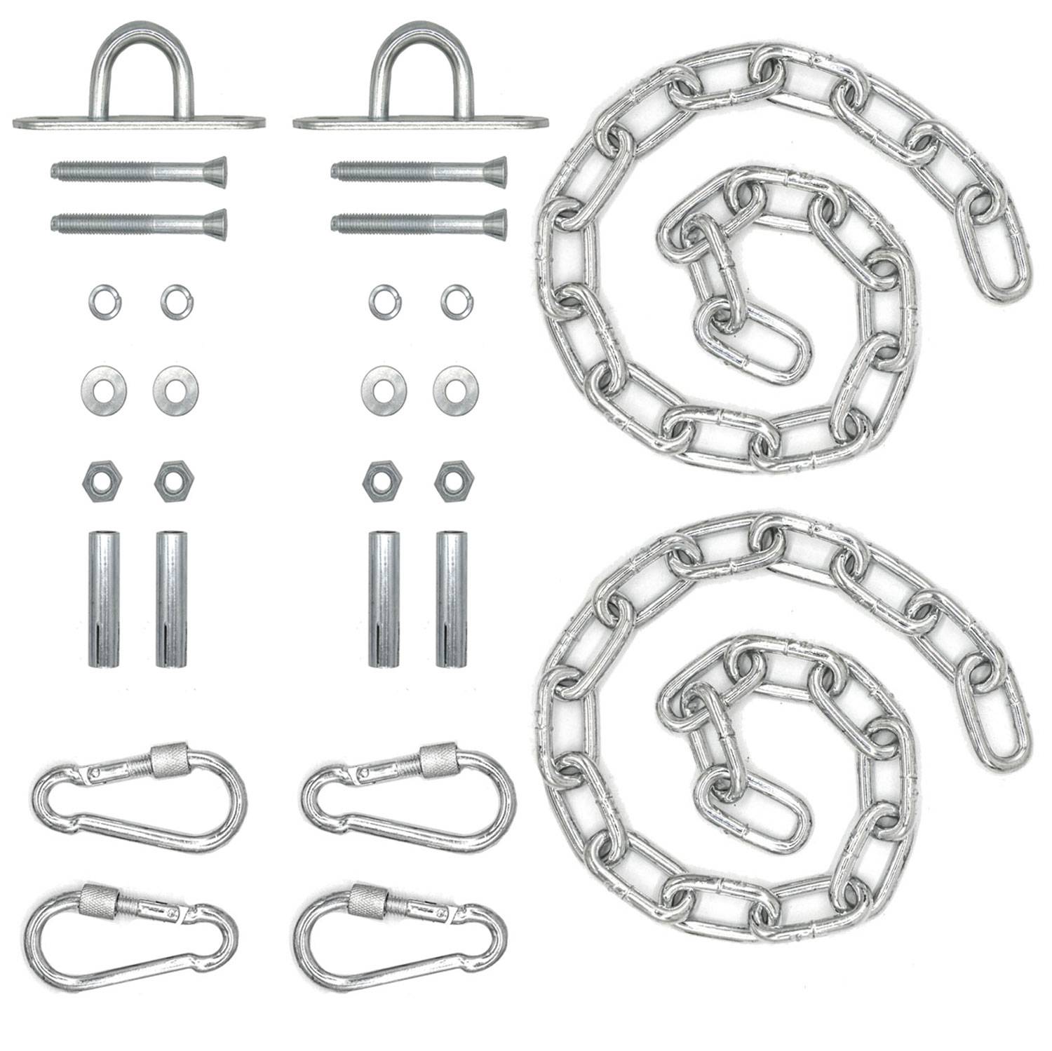 Montagehardware-Set mit zwei Ketten, zwei Karabinern, vier Ringschrauben, Unterlegscheiben, Muttern und Wandverankerungen
