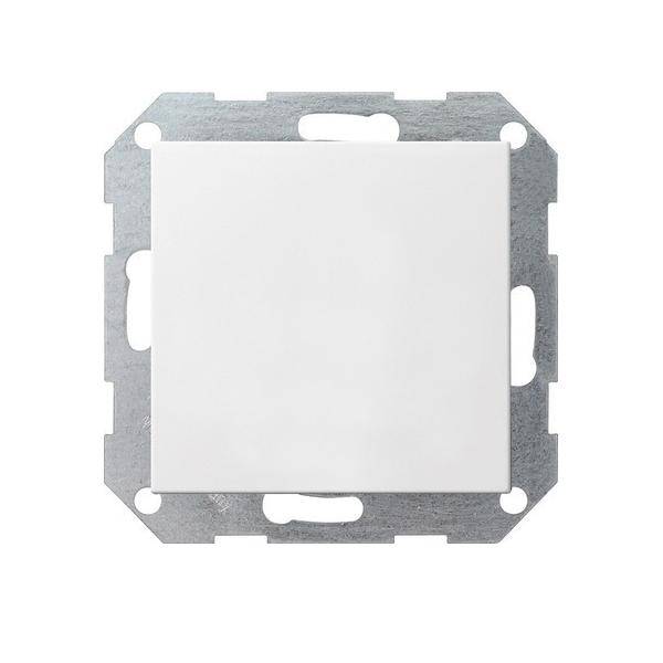 Ein einfacher weißer Elektroschalter in quadratischer Form, der an einem Metallrahmen montiert ist.