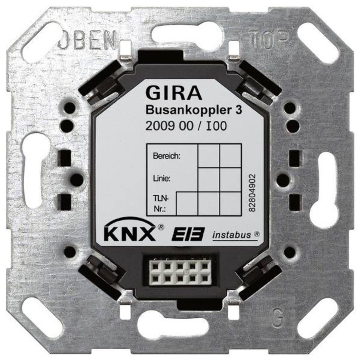 Metall Gira KNX Busankoppler 3 Module mit Klemmöffnungen und gekennzeichneter Steckerverbindung.