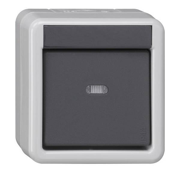 Ein wandmontierter Lichtschalter mit elegantem Design und einer zentralen Kippschaltertaste. Der Schaltergehäuse ist grau mit einer schwarzen Abdeckplatte.