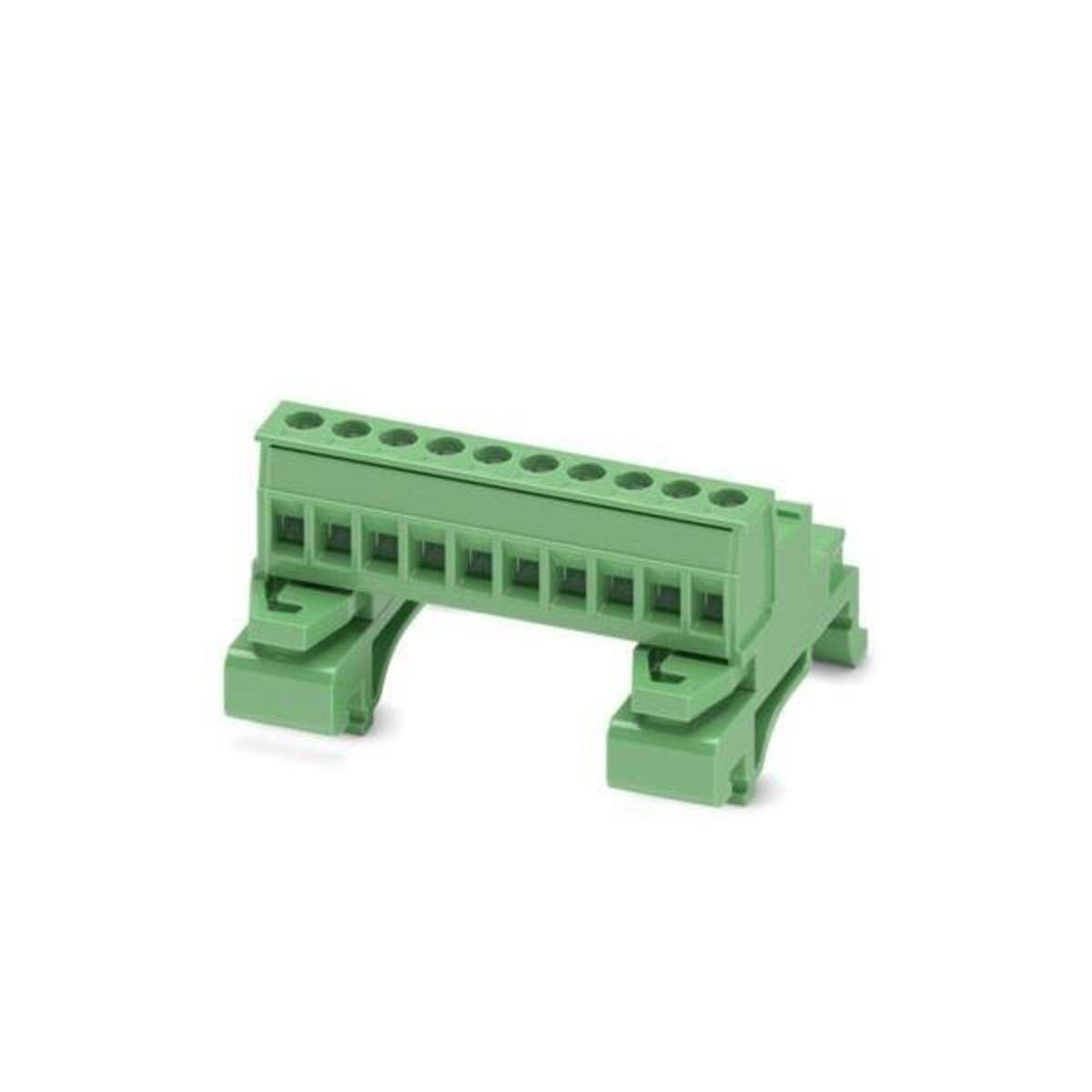 Grüner Schraubklemmenblock-Stecker mit mehreren Drahtanschlüssen und Befestigungsbeinen, dargestellt auf weißem Hintergrund.