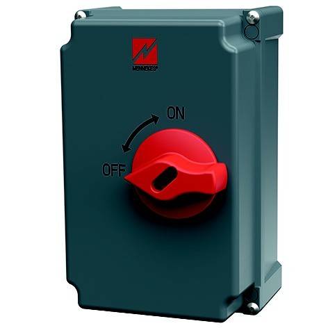 Grüner Elektroschalterkasten mit rotem Drehknopf mit den Aufschriften EIN und AUS.