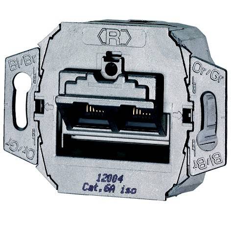 Silberner elektrischer Wandsteckdosenverbinder mit verriegelten Seitenverschlüssen und zentralem Anschlussport, gekennzeichnet mit „12004 Cat. 6A iso