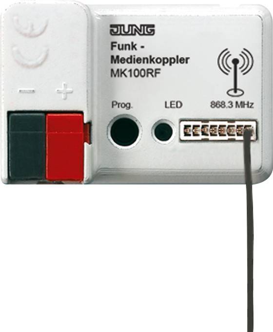 Ein Gerät mit der Beschriftung 'Funk - Medienkoppler MK100RF' mit Tasten und Anschlüssen, möglicherweise für Funkkommunikation, das '868,3 MHz' anzeigt.