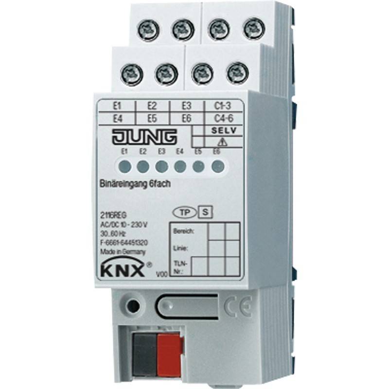 JUNG KNX SELV Binäreingabemodul mit sechs Eingangsklemmen und Status-LEDs für die Gebäudeautomationssteuerung.