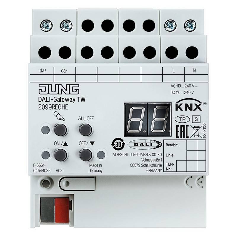 Frontansicht eines JUNG DALI-Gateway TW KNX Moduls mit Klemmleisten, dualem LED-Display und EIN/AUS-Steuertasten.
