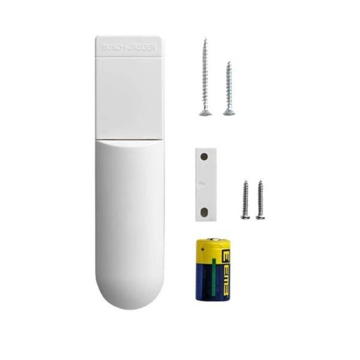 Einbruchmeldeanlage-Bewegungsmelder-Set mit weißem Sensor, Montageplatte, Schrauben und Batterie auf weißem Hintergrund.