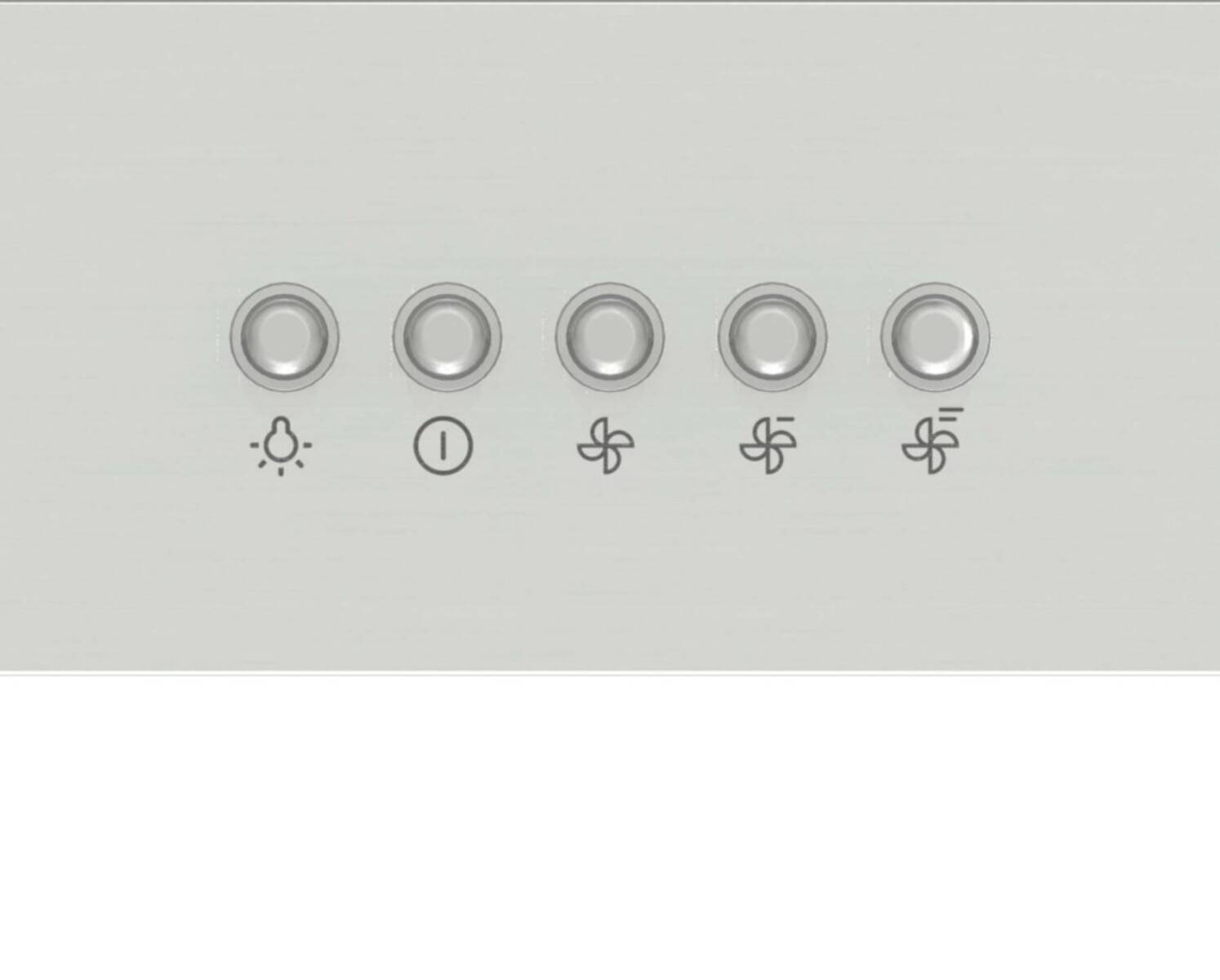 Fünf Steuerungstasten auf einem grauen Panel mit Symbolen für Licht, Ein/Aus, niedriger Lüftergeschwindigkeit, mittlerer Lüftergeschwindigkeit und hoher Lüftergeschwindigkeit.