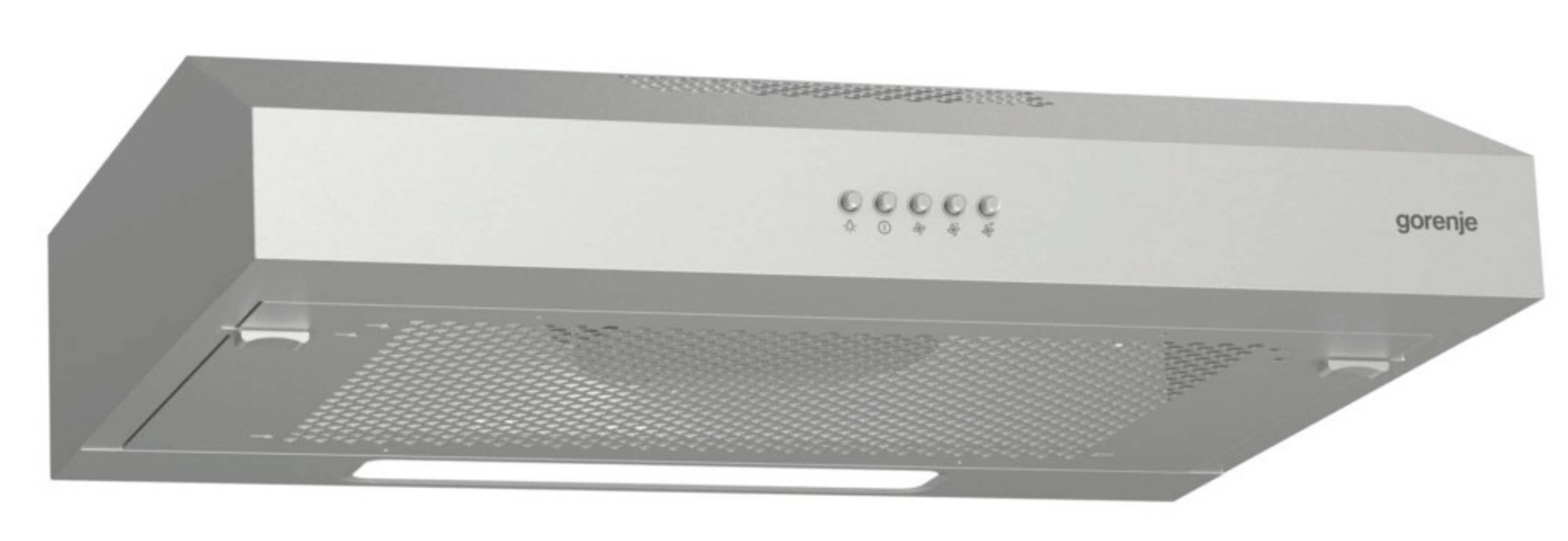 Eine silberne Dunstabzugshaube für die Küche mit fünf kreisrunden Bedienungstasten, die unter einem Gitterdesign zur Belüftung versehen ist.