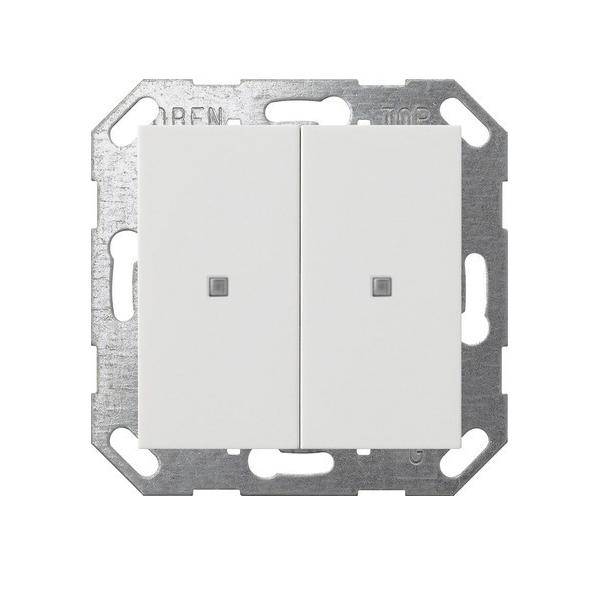 Ein weißer, zweifach-Lichtschalter mit metallenem Rahmen, geeignet zur Wandmontage.