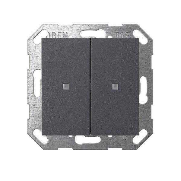 Ein grauer Doppellichtschalter auf einem Metallrahmen, zur Wandmontage konzipiert.