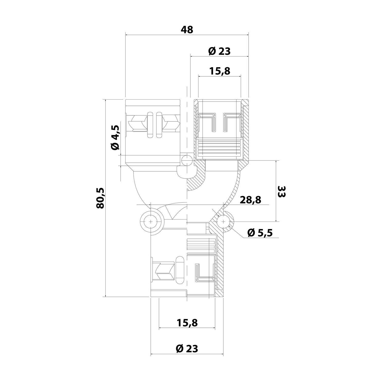 Technische Maßstabszeichnung eines mechanischen Teils mit einer vorderen Schnittansicht und beschrifteten Abmessungen 48, 80,5, 33, Ø23, Ø5,5 und 15,8 mm.
