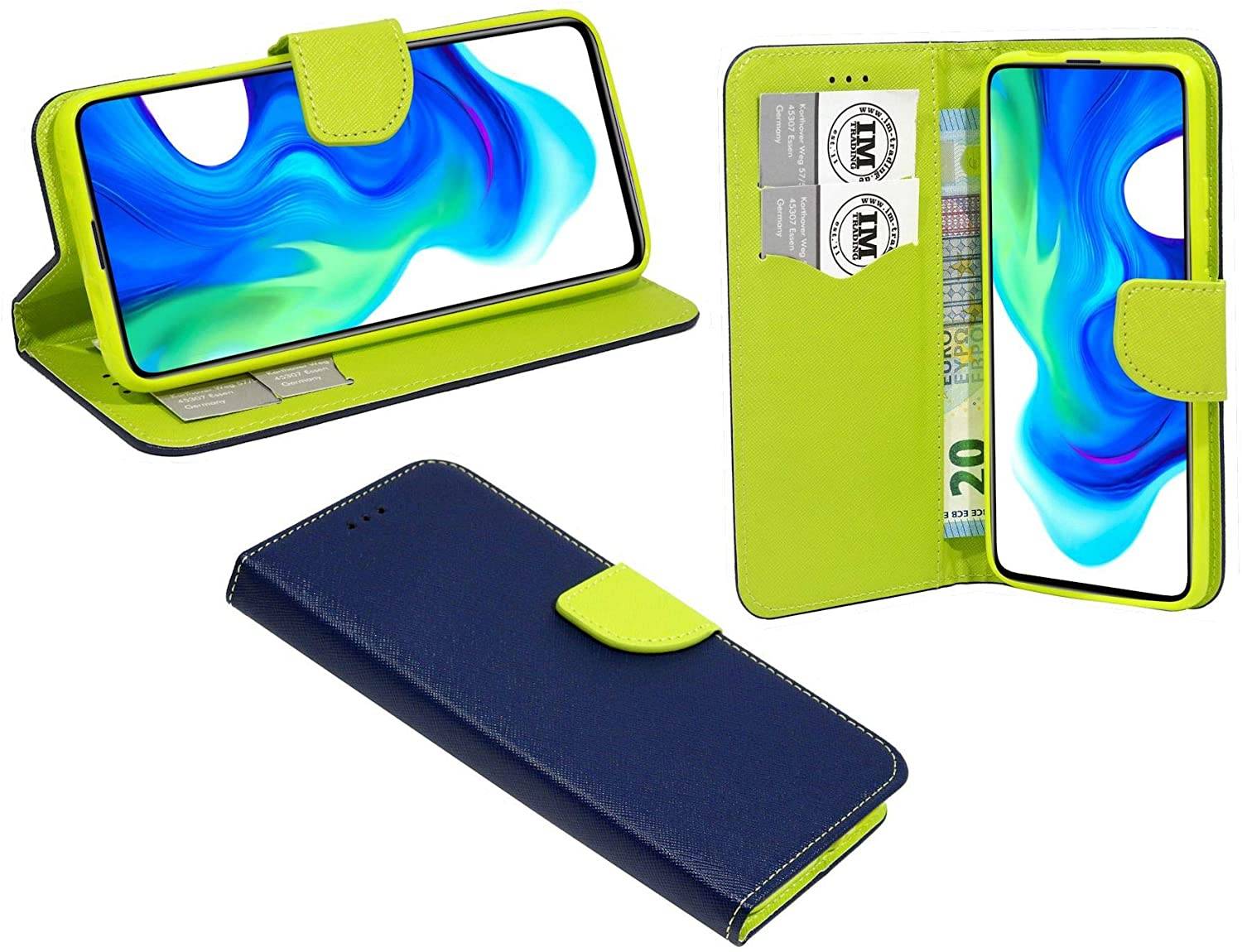 Buch Tasche "Fancy" kompatibel mit XIAOMI REDMI K30 PRO Handy Hülle Etui Brieftasche Schutzhülle mit Standfunktion, Kartenfach Blau-Grün