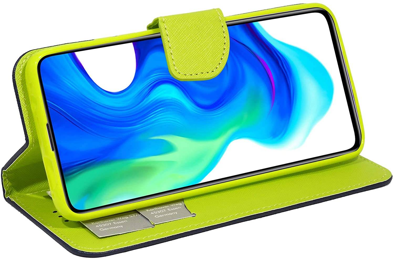 Buch Tasche "Fancy" kompatibel mit XIAOMI POCO F2 PRO Handy Hülle Etui Brieftasche Schutzhülle mit Standfunktion, Kartenfach Blau-Grün