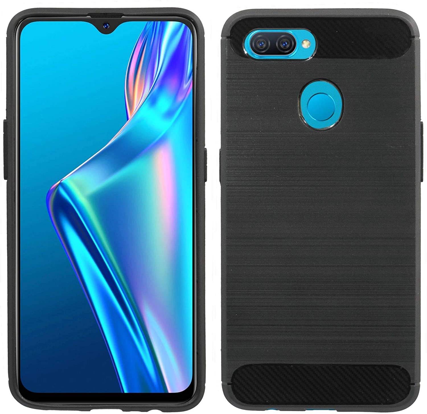 Silikon Hülle Bumper Carbon kompatibel mit Oppo A12 Case TPU Soft Handyhülle Cover Schutzhülle Schwarz