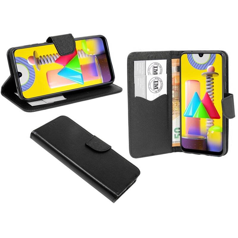 Buch Tasche Fancy für SAMSUNG GALAXY M31 M315F Handy Hülle Etui Brieftasche Schutzhülle mit Standfunktion, Kartenfach Schwarz