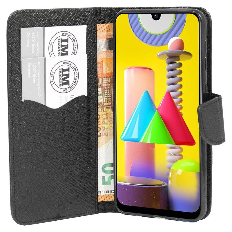 Buch Tasche Fancy für SAMSUNG GALAXY M31 M315F Handy Hülle Etui Brieftasche Schutzhülle mit Standfunktion, Kartenfach Schwarz