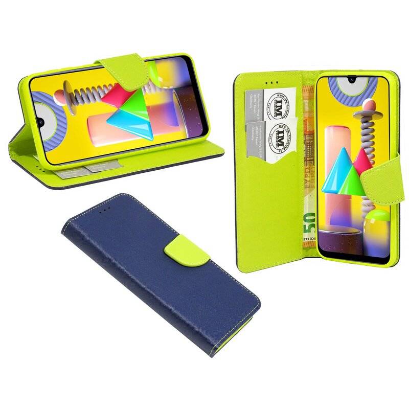 Buch Tasche Fancy für SAMSUNG GALAXY M31 M315F Handy Hülle Etui Brieftasche Schutzhülle mit Standfunktion, Kartenfach Blau-Grün