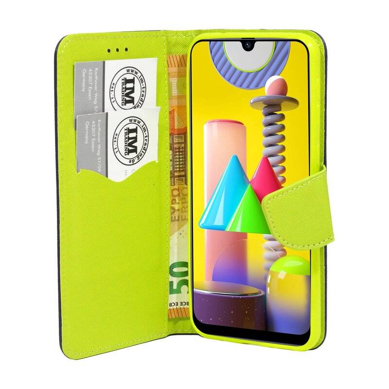 Buch Tasche Fancy für SAMSUNG GALAXY M31 M315F Handy Hülle Etui Brieftasche Schutzhülle mit Standfunktion, Kartenfach Blau-Grün