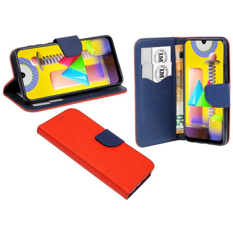 Buch Tasche Fancy für SAMSUNG GALAXY M31 M315F Handy Hülle Etui Brieftasche Schutzhülle mit Standfunktion, Kartenfach Rot-Blau